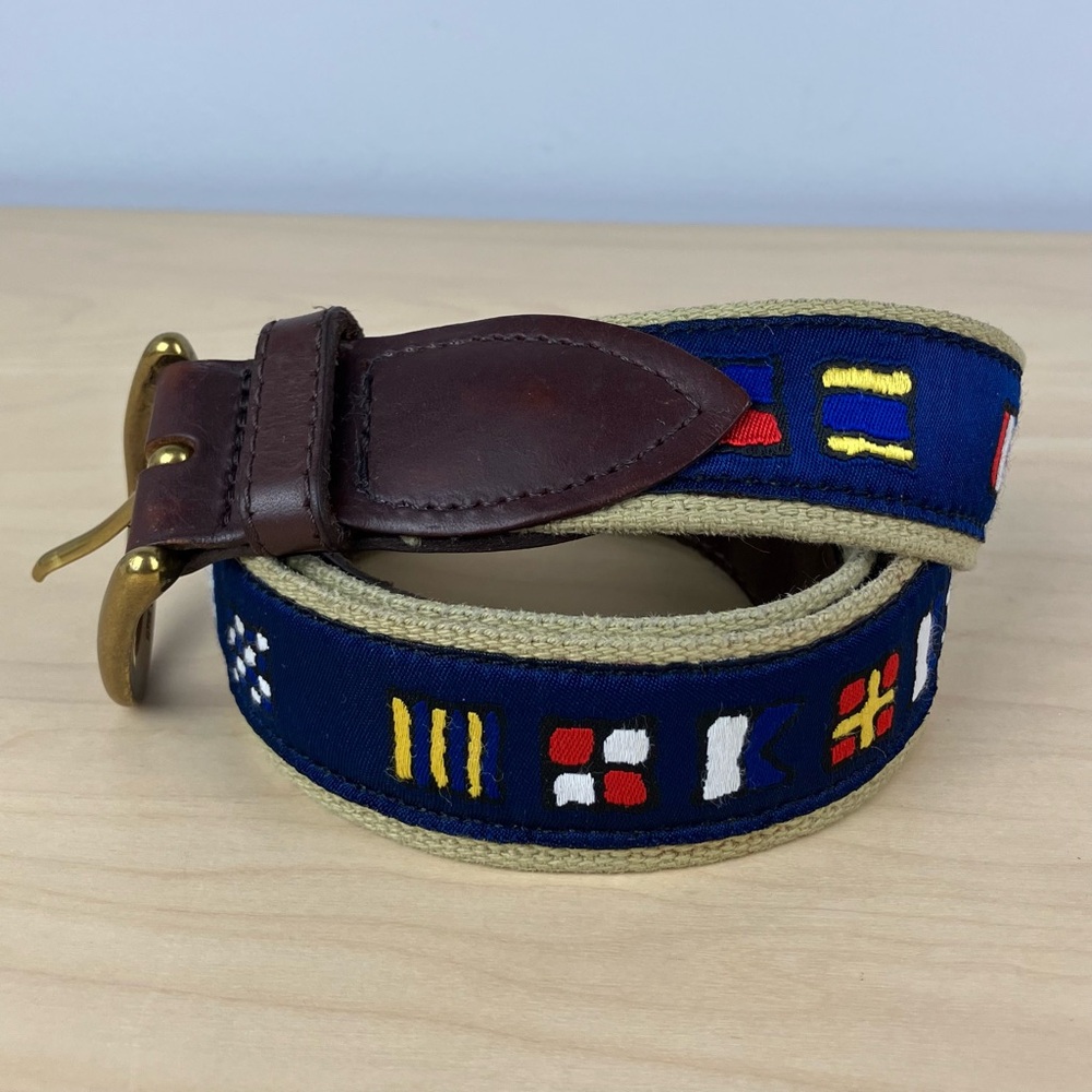 The Belted Cow Co. Men’s Size 34 Preppy Ribbon Belt Nautical Flags Brass Buckle